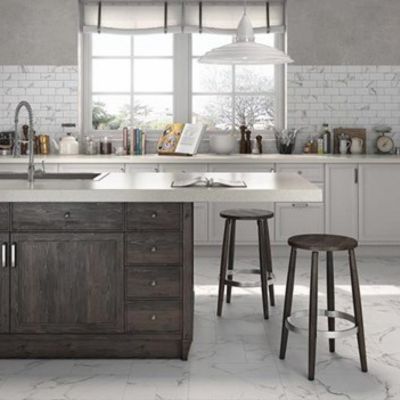 marble look tile flooring in a modern kitchen